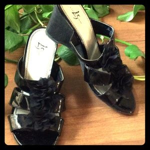 Black strappy wedges with silk  embellishments